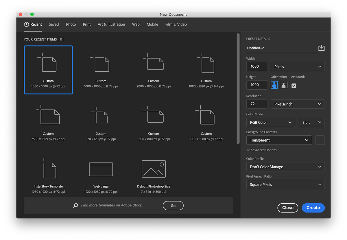 Step 1 for how to make a pattern in Photoshop: Create a new document with a transparent background and a square canvas at 1000 by 1000 pixels.