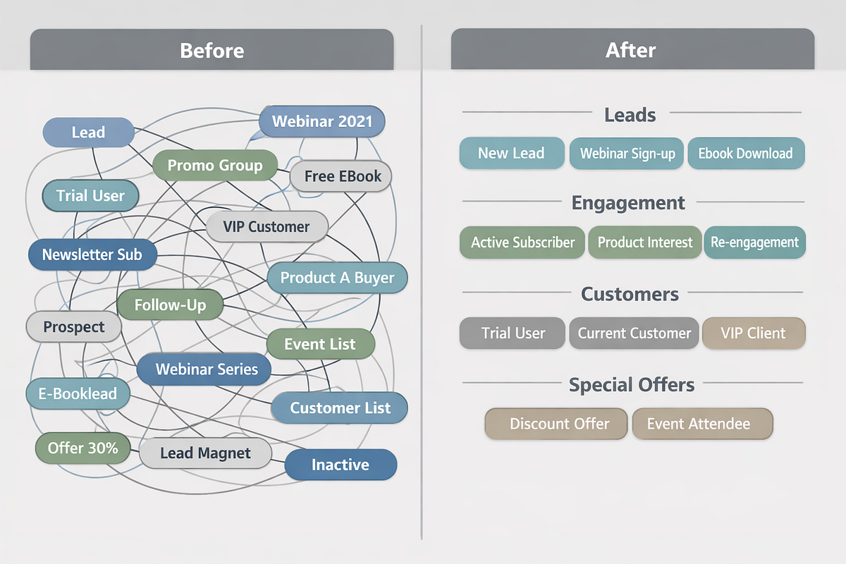 “Before and after visualization of a cleaned and structured KlickTipp tag system.”