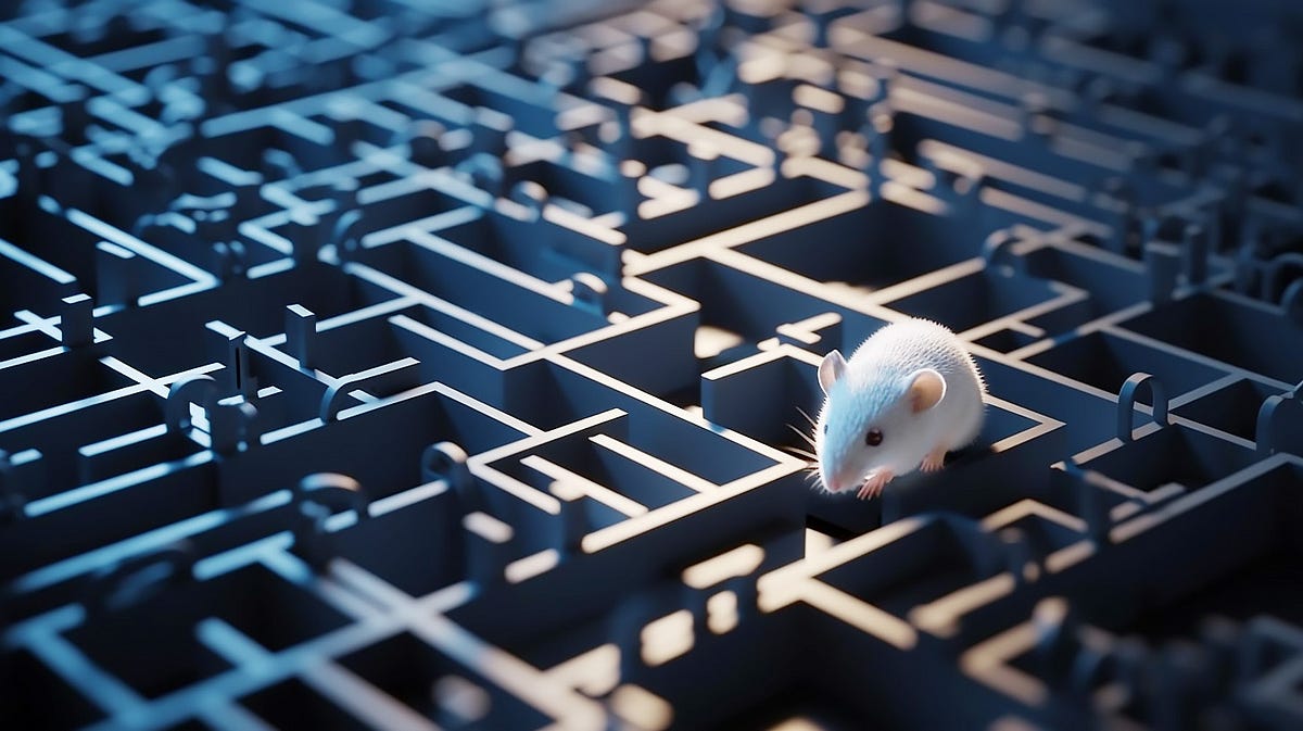 An image of a virtual 3D maze with on top a real white mouse.