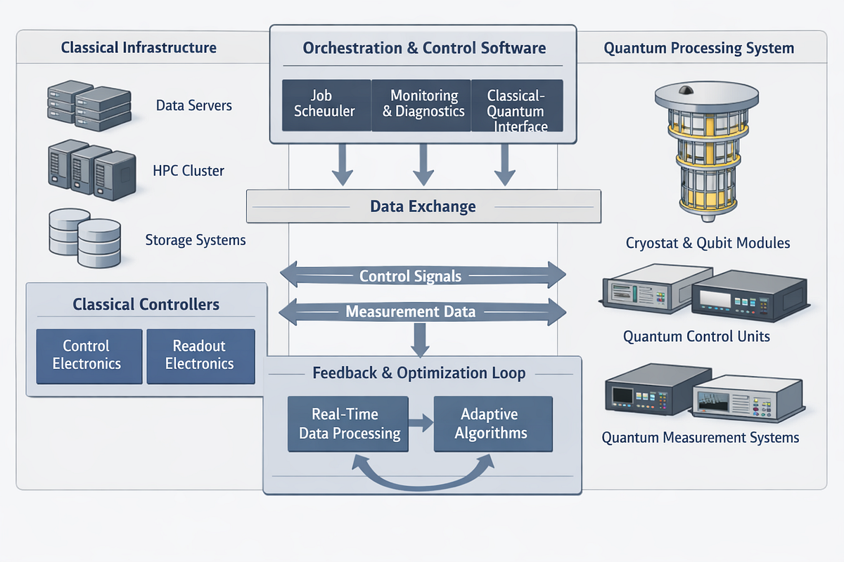 “Architecture showing classical computing infrastructure tightly integrated with quantum processors for scalable orchestration and control.”