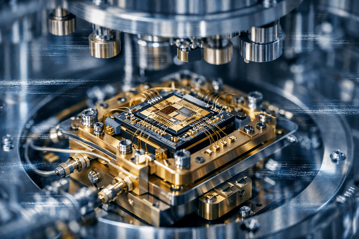 Close-up of a quantum processor in a cryogenic chamber with visual effects representing environmental noise and fragility.