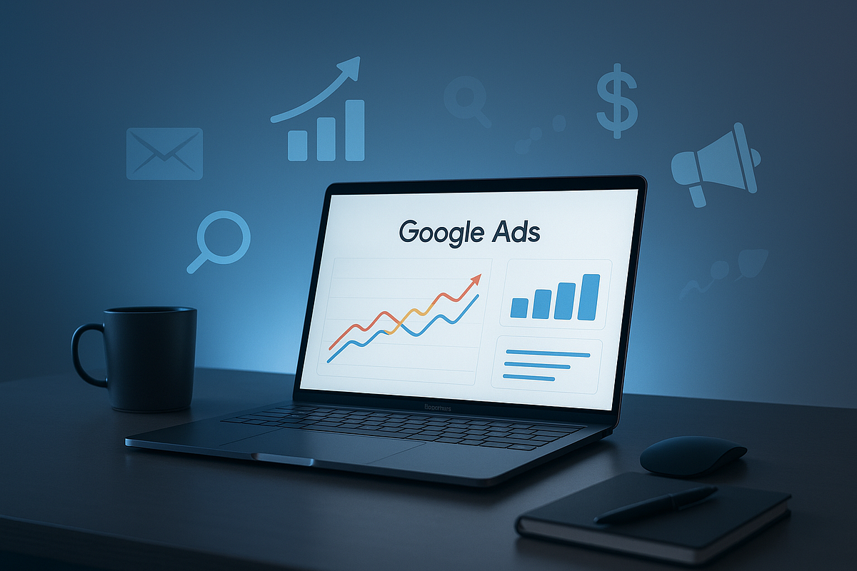 Laptop showing Google Ads dashboard with rising charts, symbolizing PPC success and digital marketing growth.