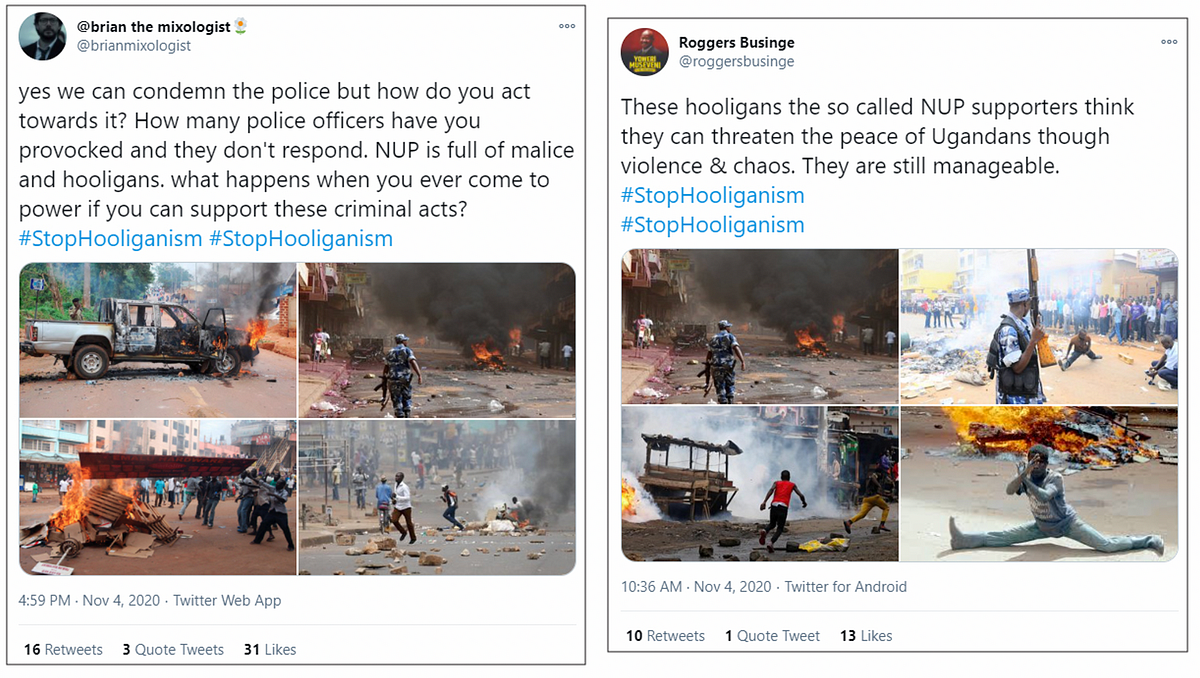 Although both @brianmixologist and @roggersbusinge amplified the #StopHooliganism hashtag with four images of the alleged protests, both accounts used old imagery of protests and riots in Uganda as evidence of protesters acting like hooligans. (Source: @brianmixologist/archive, left; @roggersbusinge/archive, right)