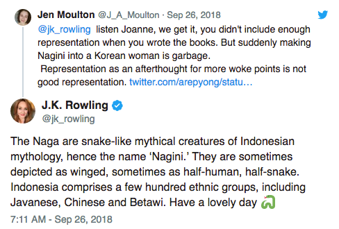 Hasil gambar untuk clarification jk rowling about nagini on twitter