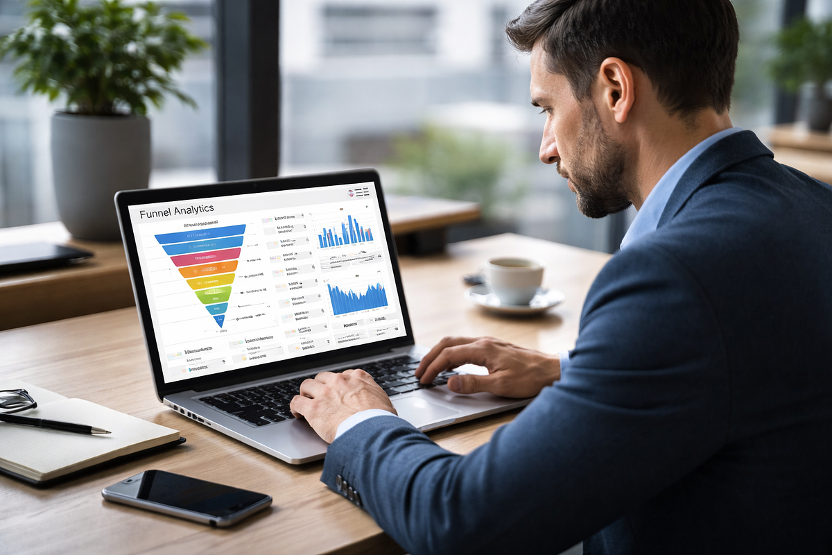 Consultant analyzing funnel performance data to make revenue-driven optimization decisions.