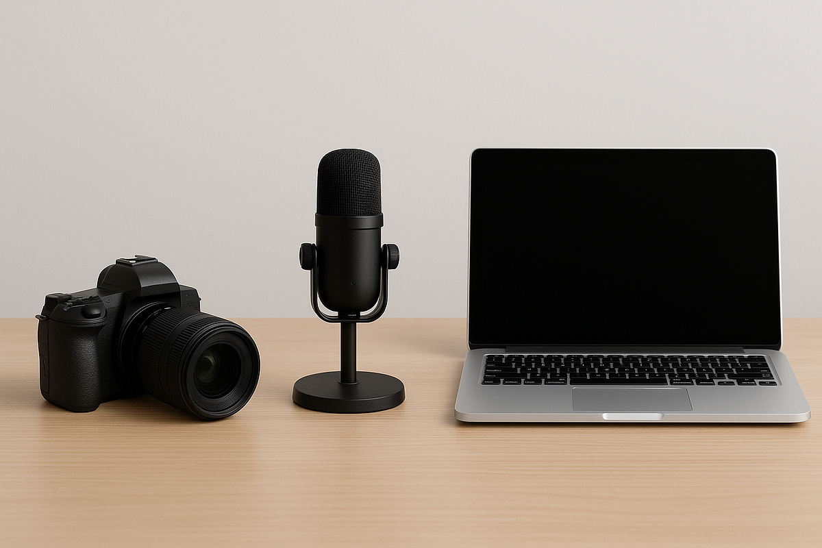 "Content creator desk setup with camera, microphone, and laptop for producing online videos."