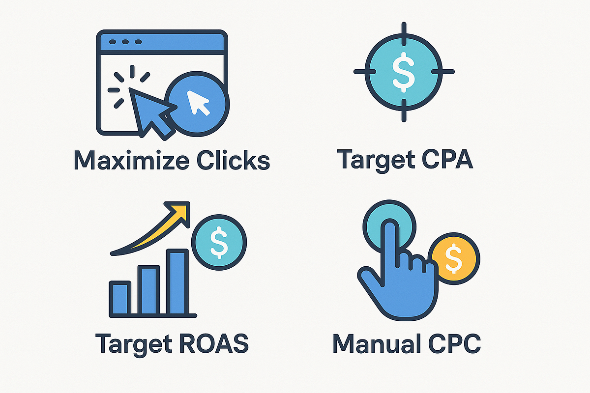 Infographic of Google Ads bidding strategies including Target CPA, Target ROAS, and Maximize Clicks.