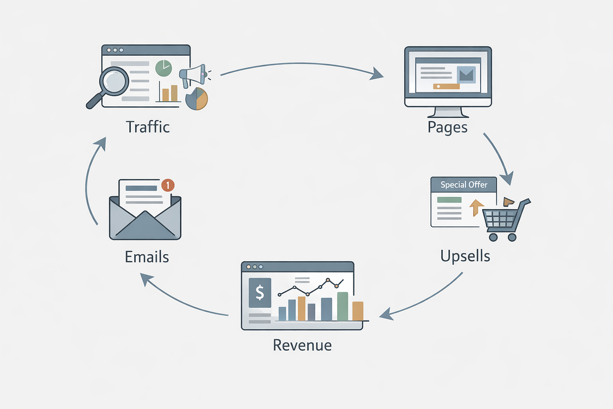 System-level funnel model showing interconnected traffic, conversions, and revenue