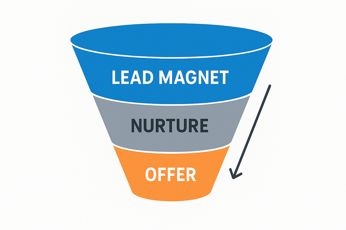 A simple three-step online business funnel diagram showing lead magnet, nurture emails, and offer.