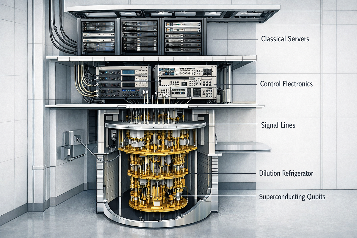 Cutaway illustration of a quantum computing system showing qubits, cryogenic infrastructure, control electronics, and classical computing layers.