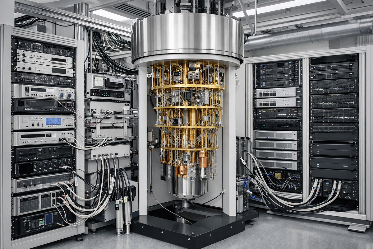 Next-generation quantum computing system showing integrated cryogenics, control electronics, classical computing, and modular architecture in a research facility.