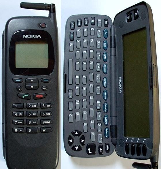 Nokia’s 1996 9000 Communicator, both closed and opened to reveal its keyboard. Credit: Nokia Nokia’s 1996 9000 Communicator, both closed and opened to reveal its keyboard. Credit: Nokia