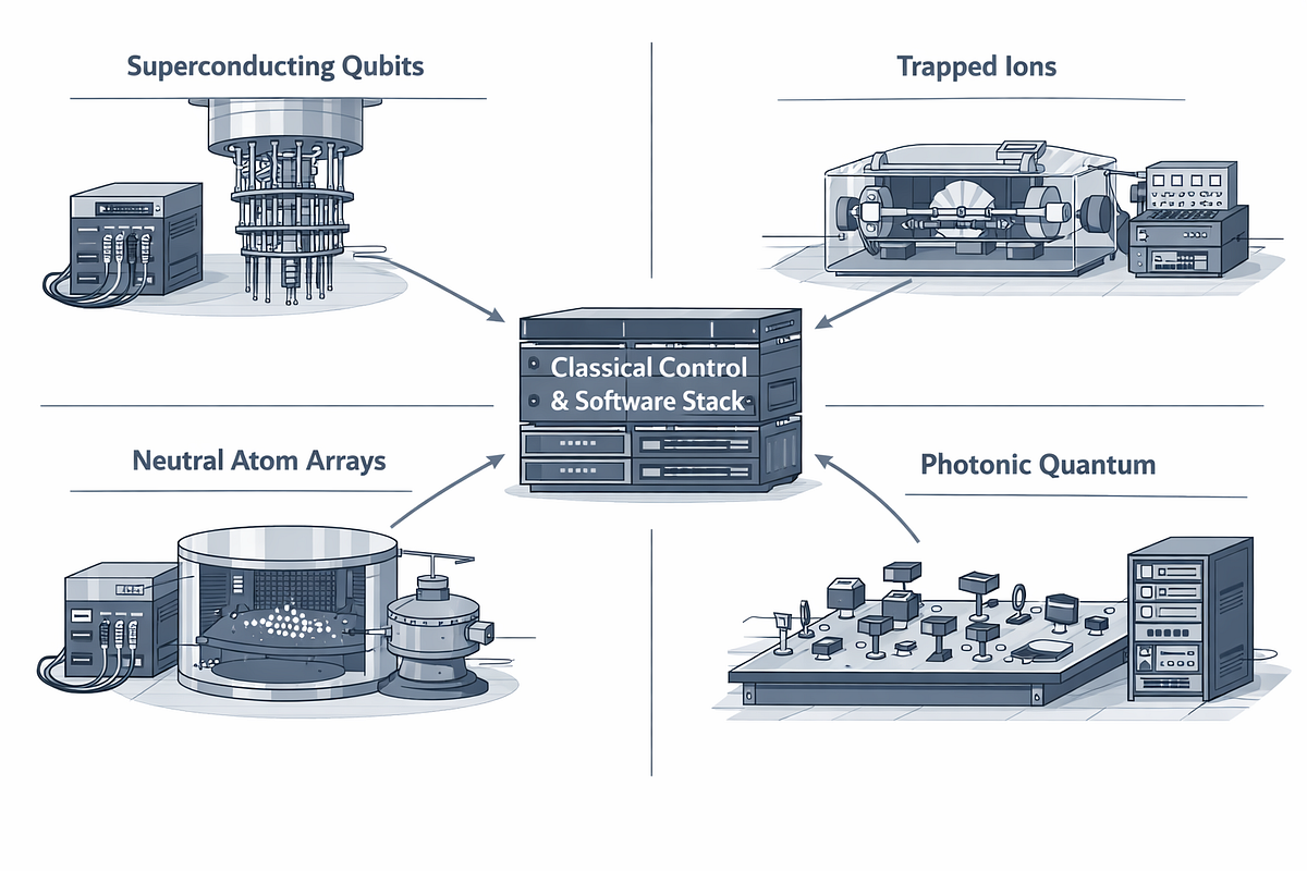 Heterogeneous quantum computing ecosystem with multiple hardware modalities integrated through a common control and software layer.