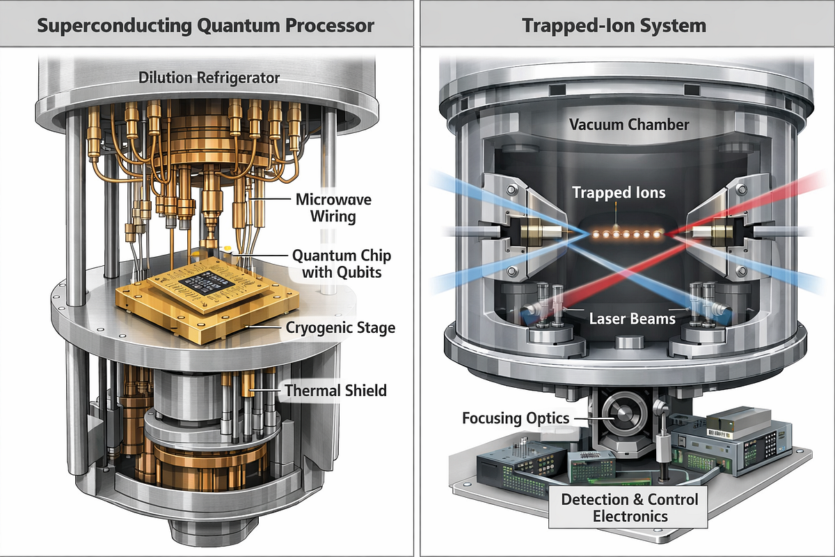 Comparison of superconducting and trapped-ion quantum computing architectures highlighting different hardware designs and control methods.