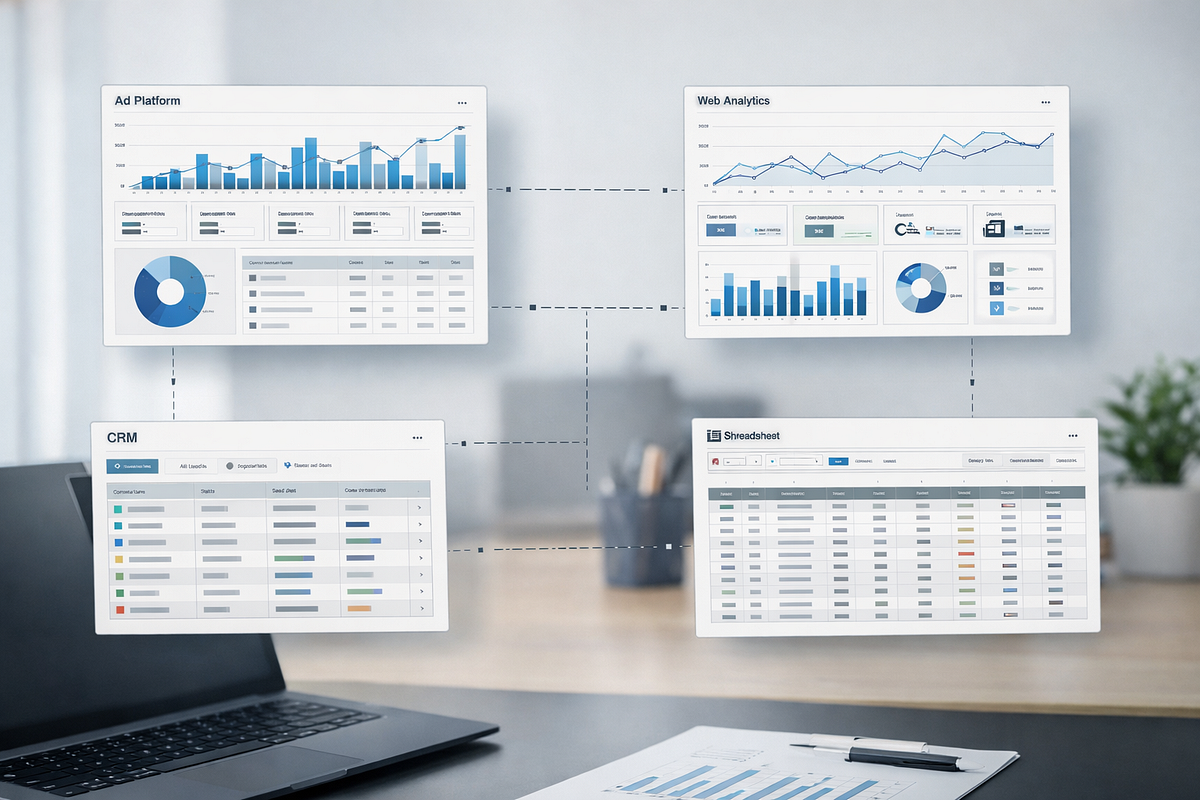 Fragmented marketing analytics tools showing disconnected data across ads, funnels, and revenue