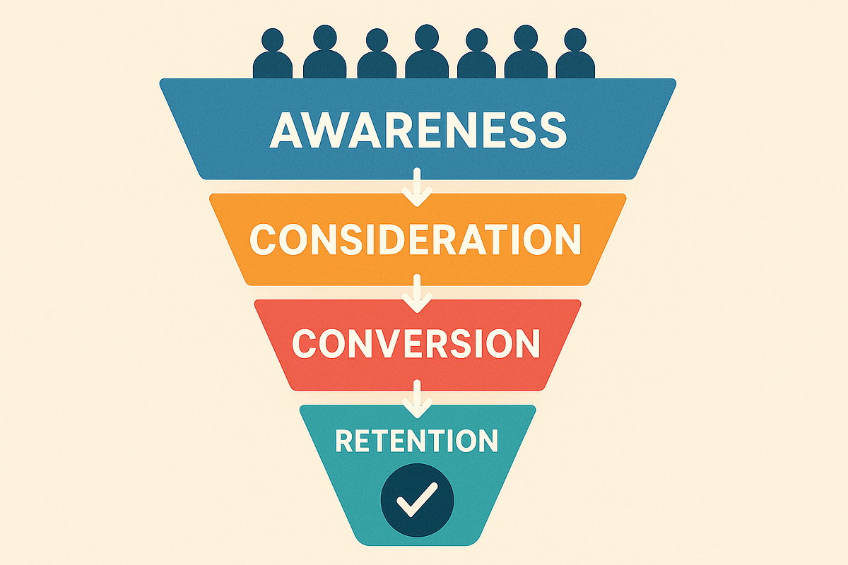 Digital marketing funnel diagram showing customer journey stages.