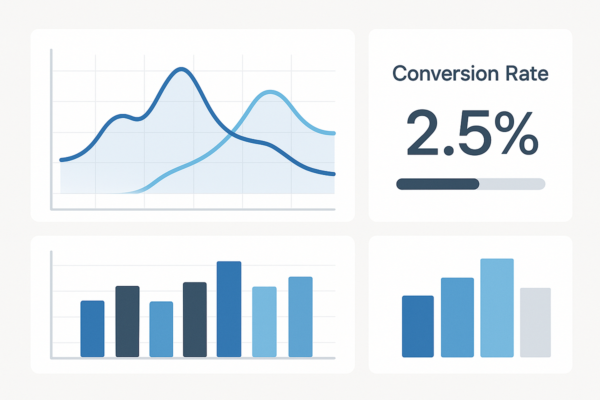 Analytics dashboard showing conversion rates, lead growth, and funnel performance metrics.