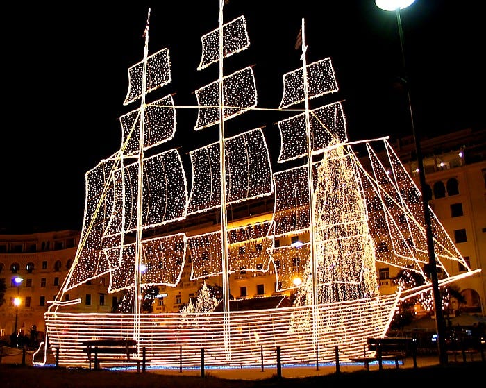 main aristotelous square alongside a huge christmas tree a big three masted sailing ship is put up this is an old tradition making a comeback in greek - Greek Christmas Traditions main aristotelous square alongside a huge christmas tree a big three masted sailing ship is put up this is an old tradition making a comeback in greek - Greek Christmas Traditions
