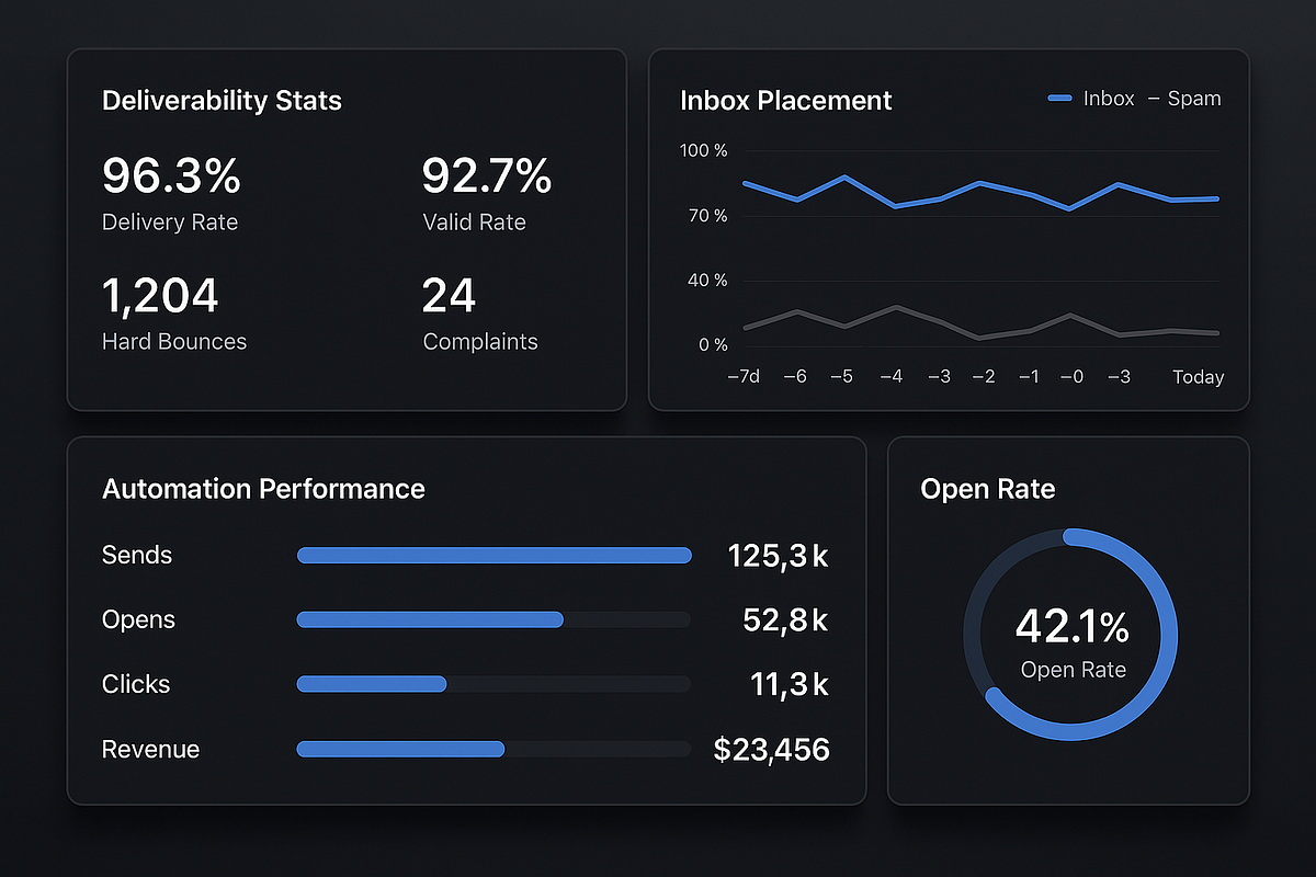 “Dashboard showing email deliverability metrics and automation performance.”