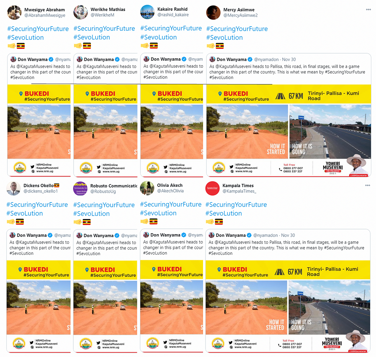 Eight accounts quoted a tweet by Don Wanyama within three minutes of one another. (Source: top row, left to right, @AbrahamMwesigye/archive; @WerikheM/archive; @rashid_kakaire/archive; @MercyAsiimwe2/archive; bottom row, left to right, @dickens_okello1/archive; @RobustoUg/archive; @AkechOlivia/archive; @KampalaTimes_/archive)