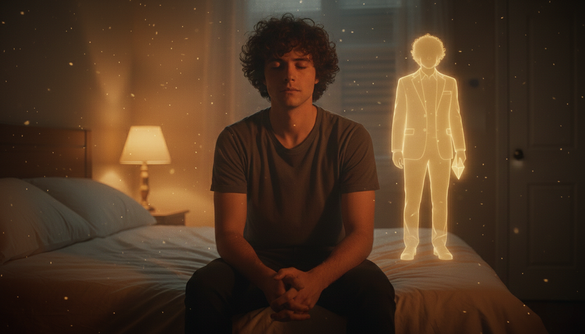 Man sitting on bed, eyes closed with a golden version of himself to his right, standing with a suite on and a job offer letter in hand.