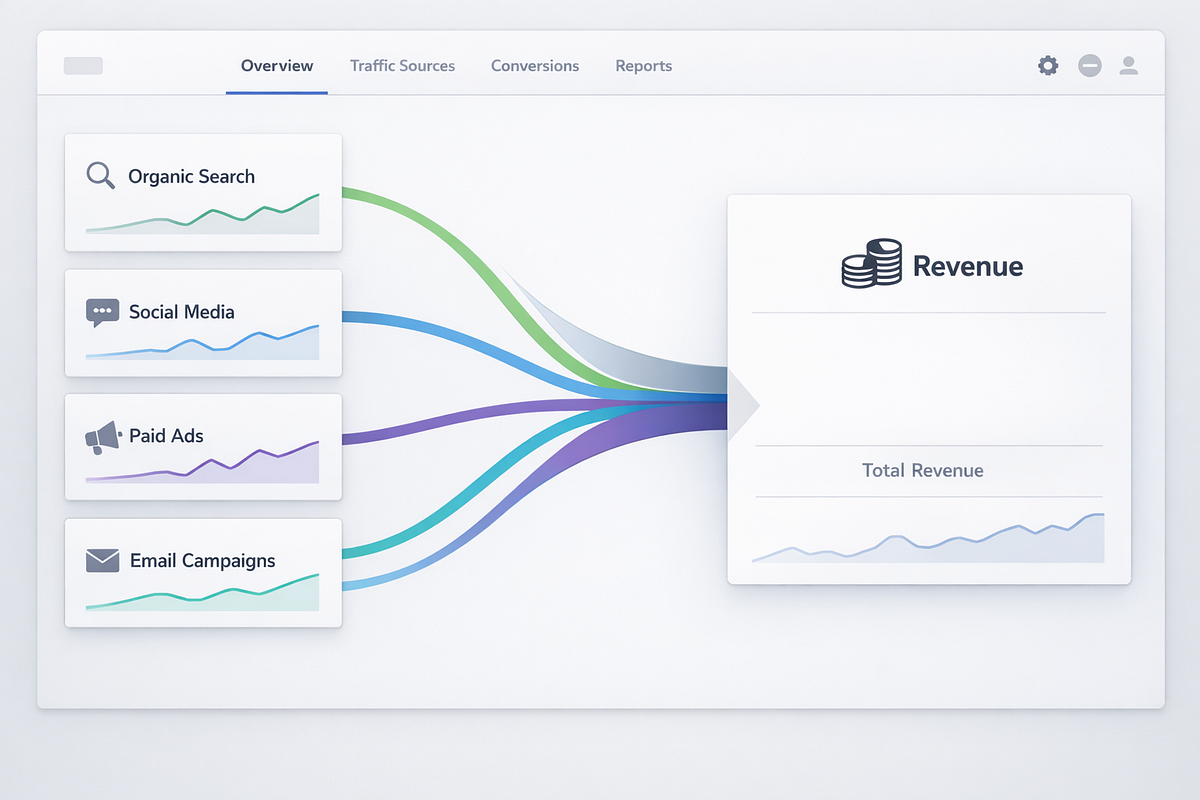 Marketing attribution view connecting multiple traffic sources to actual revenue outcomes