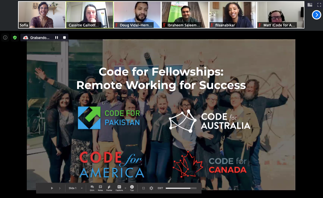 SScreenshot of a Zoom meeting showing a presentation slide with the logos of Code for Pakistan, Code for Australia, Code for America and Code for Canada.
