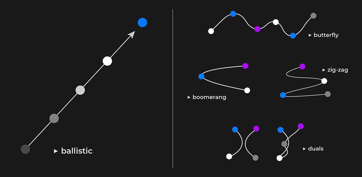 On the left, an image showing a straight path. On the right, other types of paths, from boomerang to duals