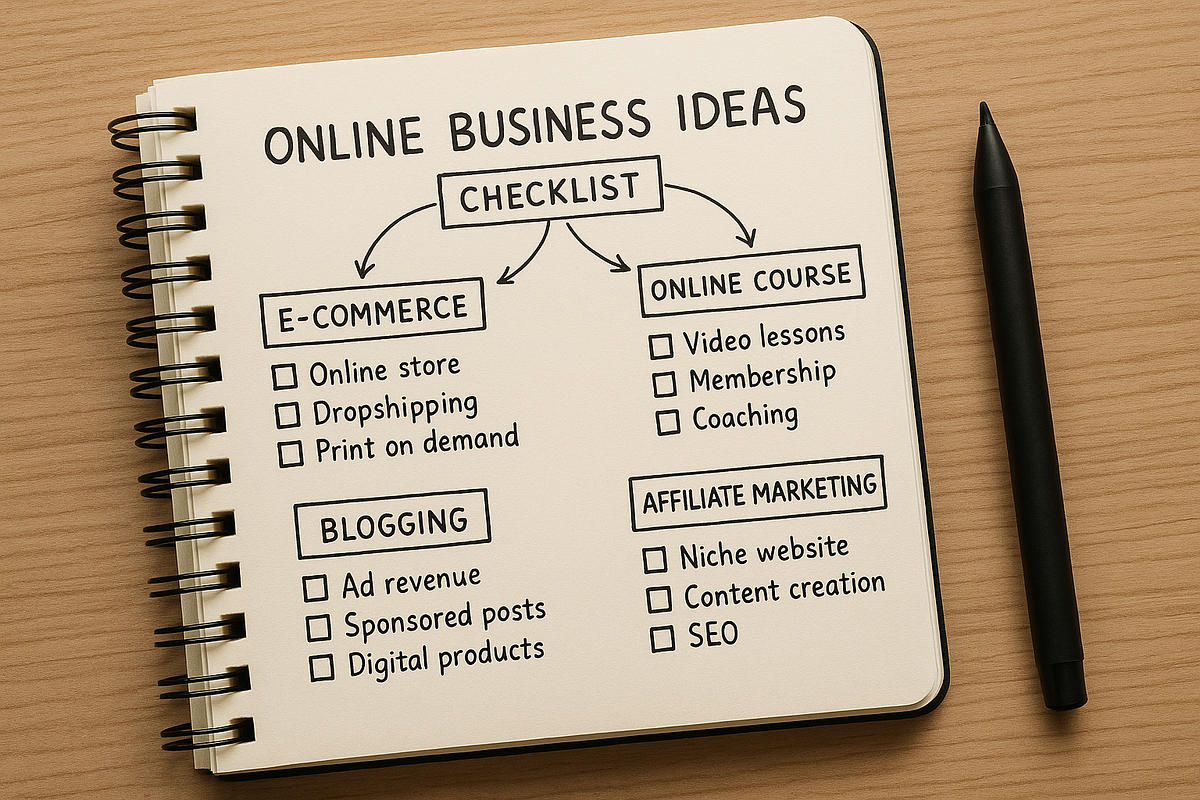 "Notebook with checklist outlining online side hustle planning steps."