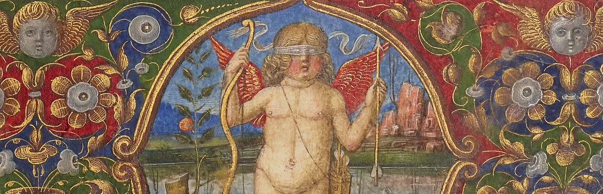 Illumination showing a blindfolded angel wielding a bow in one hand and an arrow in another.