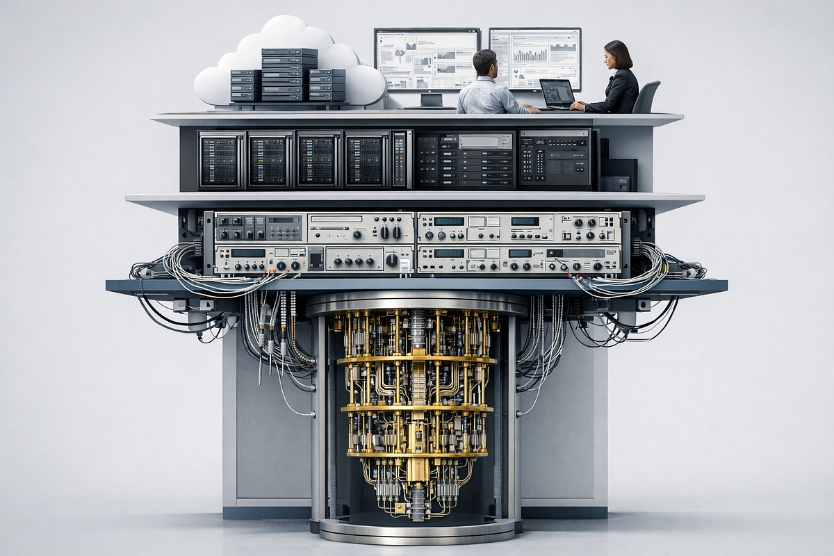 Layered illustration of a quantum computing system showing hardware, control electronics, classical computing, and cloud orchestration as an integrated architecture.
