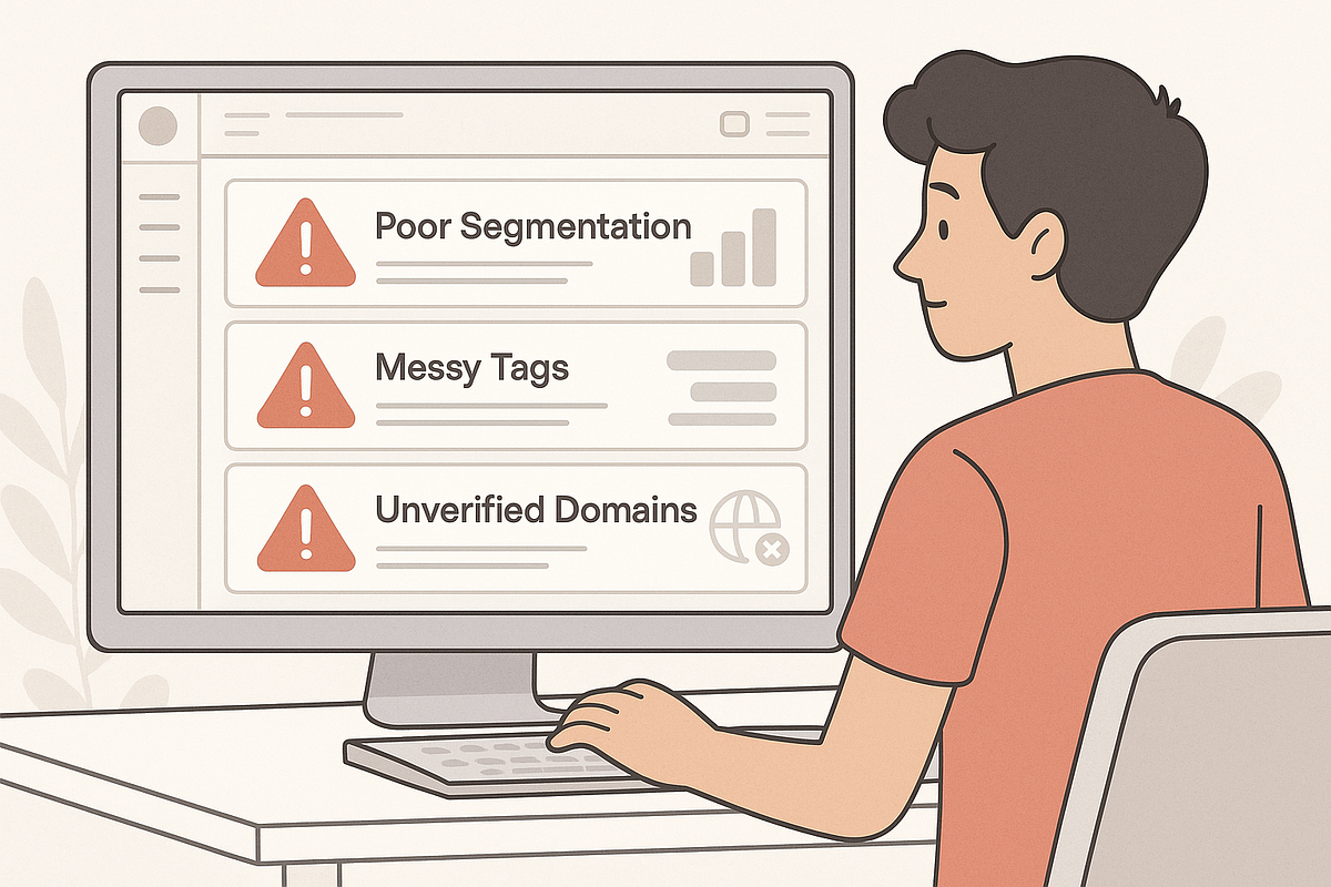 Illustration showing common email marketing mistakes such as poor segmentation and unverified domains.