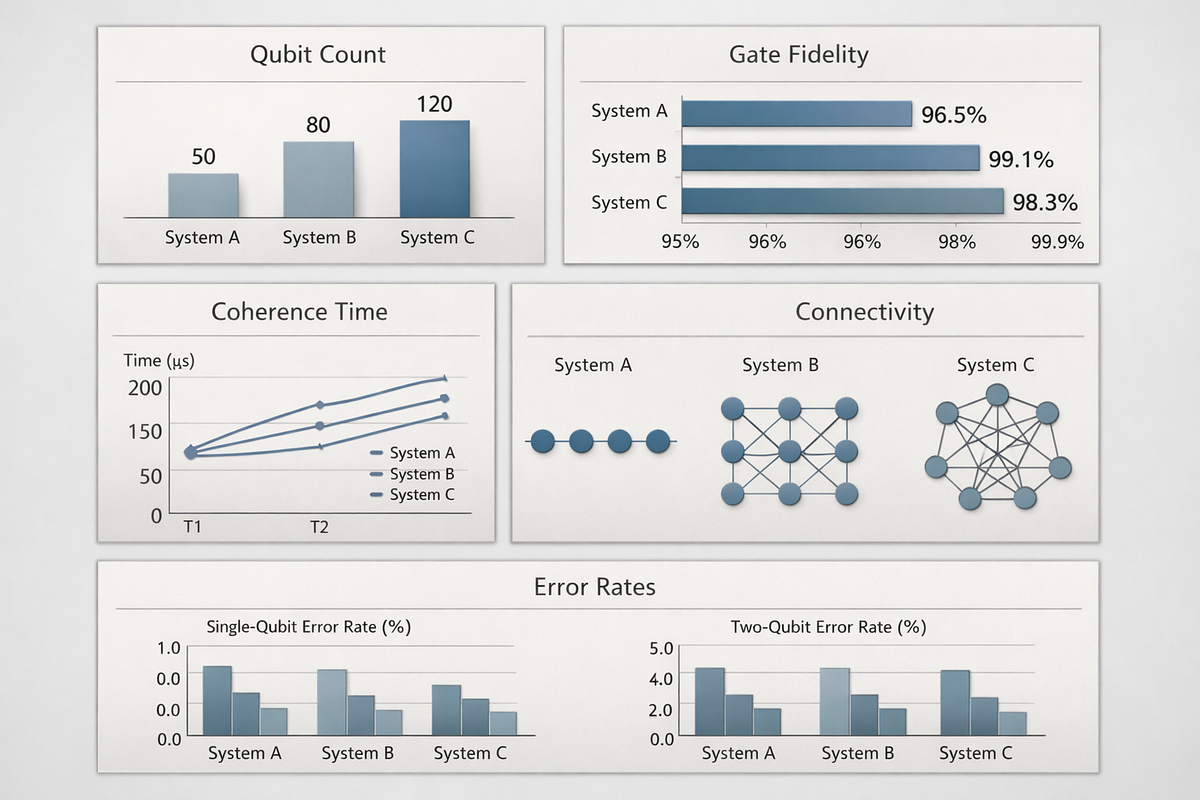 System-level metrics used to evaluate real progress in quantum computing beyond headline qubit counts.