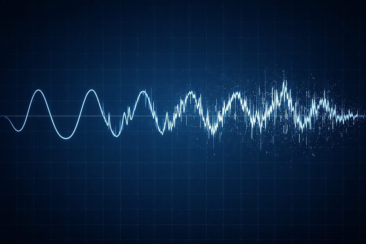 Scientific visualization showing a clean quantum signal degrading due to noise and decoherence