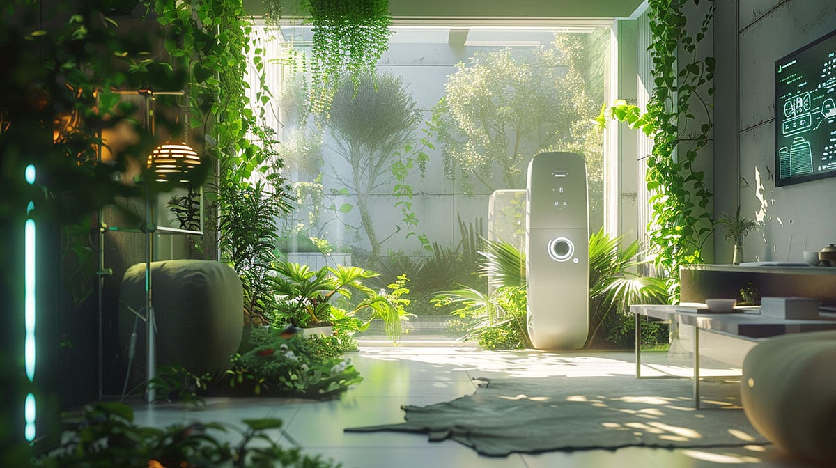 Modern, eco-friendly indoor living space with lush greenery and natural light. The room features a sleek, futuristic thermost