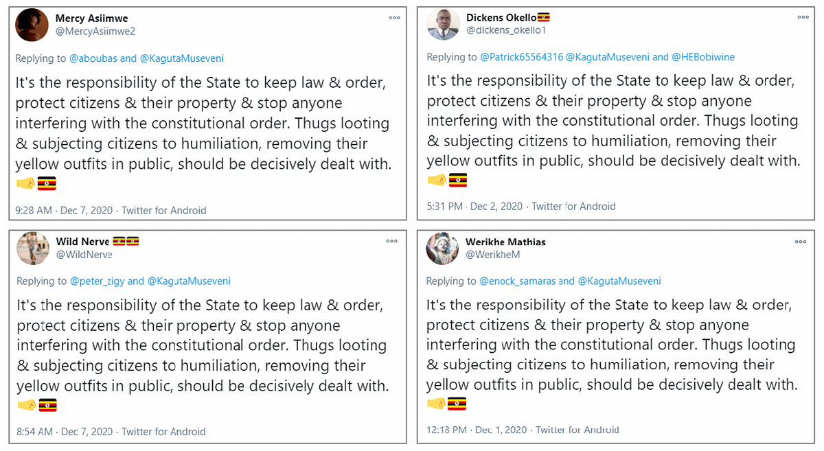 Verbatim Twitter replies from multiple users. (Source: @MercyAsiimwe2/archive, top left; @dickenso_okello1/archive, top right; @WildNerve/archive, bottom left; @WerikheM/archive, bottom right)