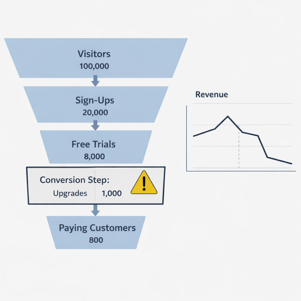 Funnel analytics revealing a hidden revenue leak at a specific automation and email sequence step.
