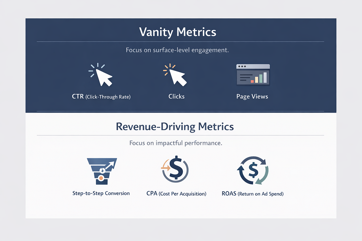 “Comparison of vanity marketing metrics versus revenue-focused funnel performance metrics.”