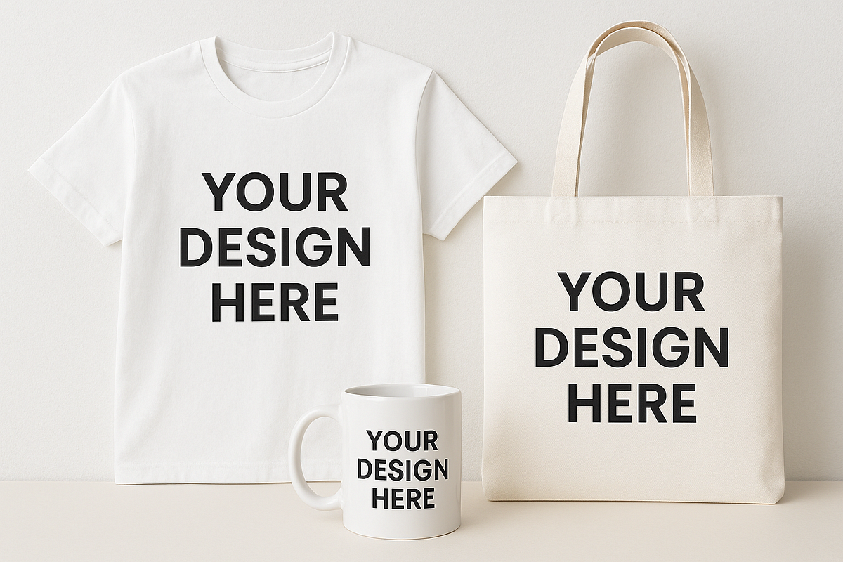 "Print-on-demand product mockups including custom t-shirts and mugs."
