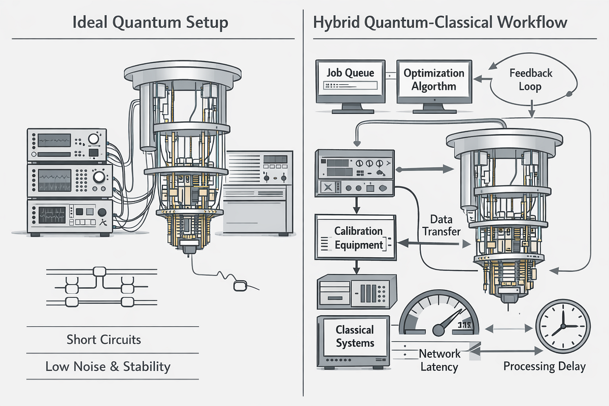 Illustration contrasting idealized quantum benchmarks with complex real-world hybrid quantum–classical workloads.
