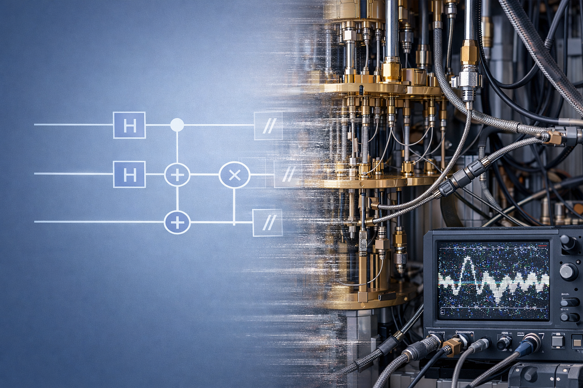 Illustration contrasting ideal quantum algorithms with real-world quantum hardware affected by noise, calibration, and physical constraints.