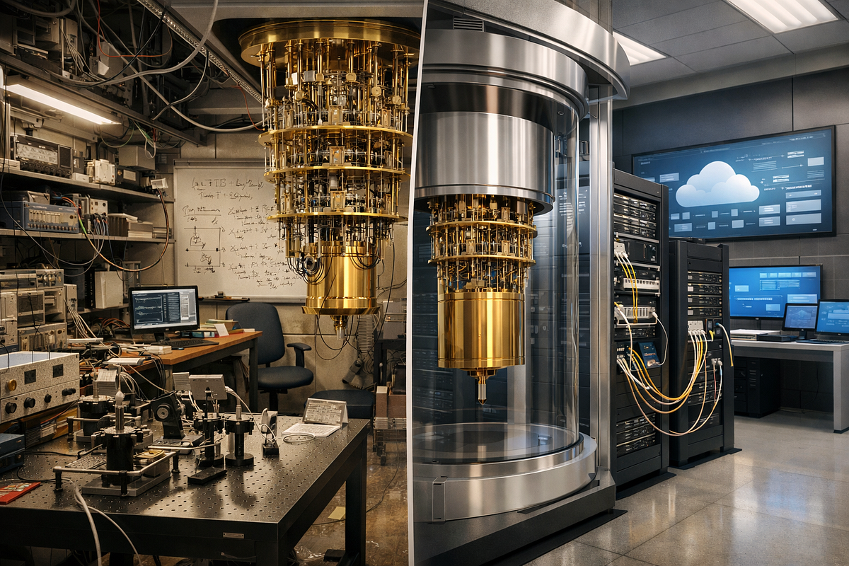 Visual representation of quantum computing evolving from laboratory research to scalable, cloud-accessible systems.