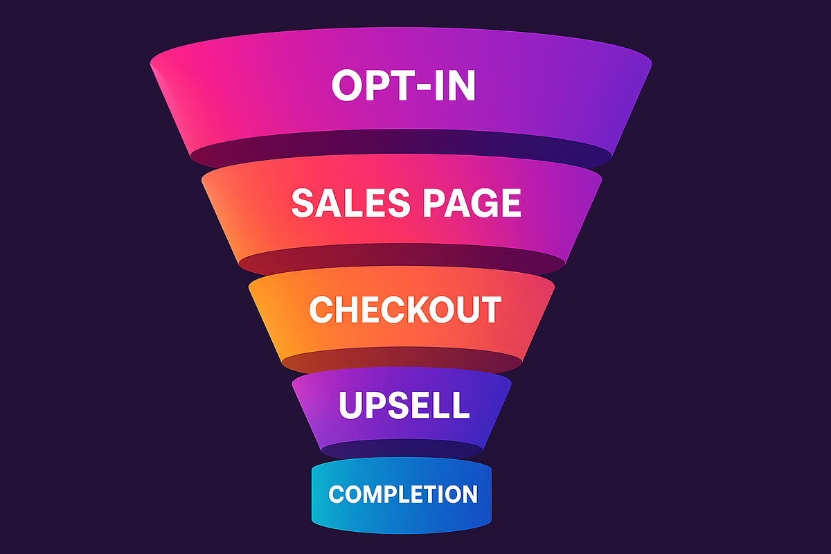 “Funnel flow illustration showing steps in a 1-click sales process.”