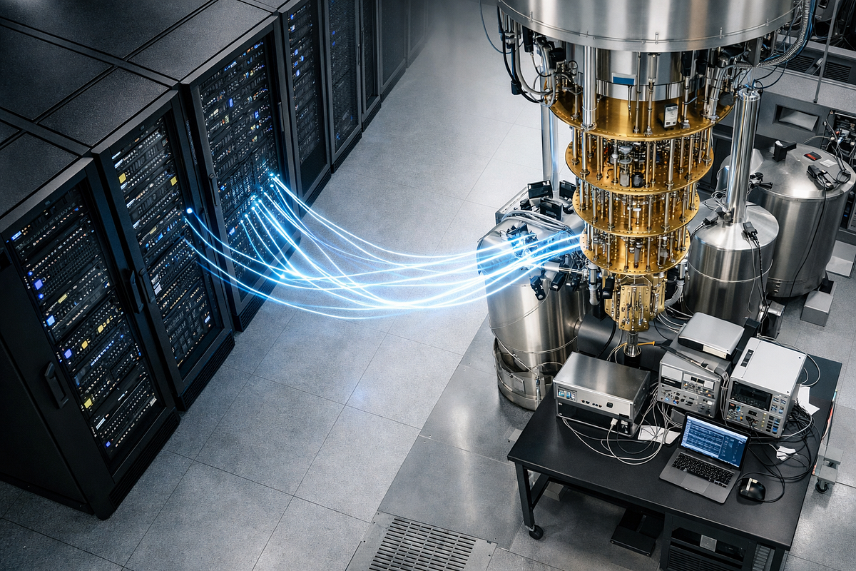 Illustration of classical servers connected to a quantum computing system, representing hybrid quantum–classical workflows.