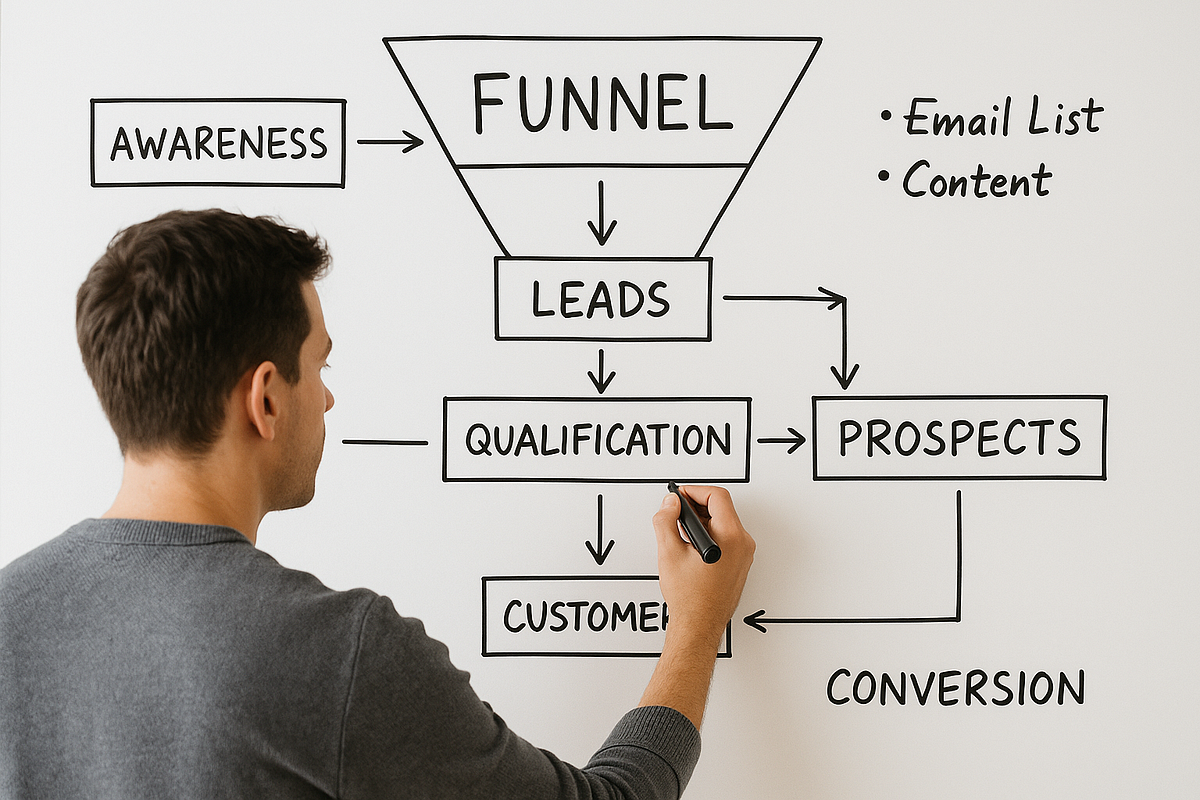 “Marketer mapping out a sales funnel journey with segmentation and follow-up paths.”