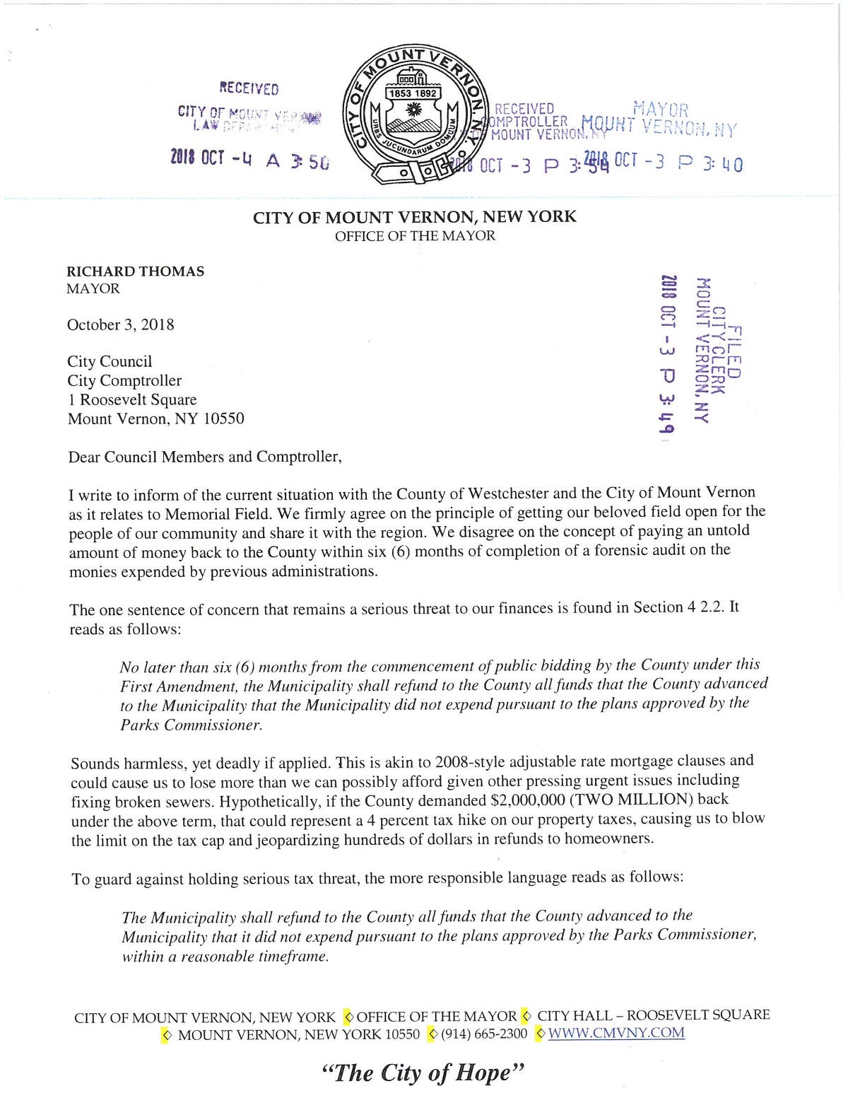 Letter From Mayor Richard Thomas to The City Council and Comptroller ...