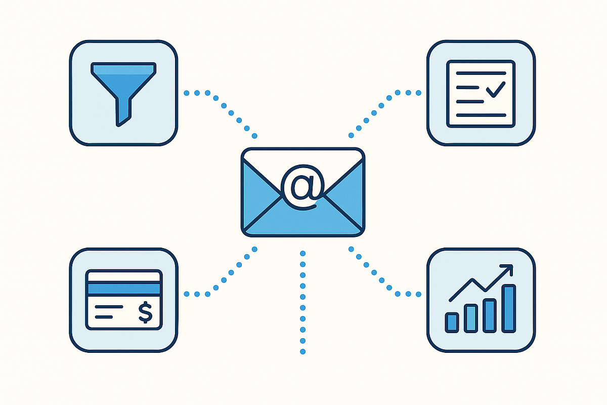 Illustration showing an ecosystem of marketing tools integrated with an email platform.