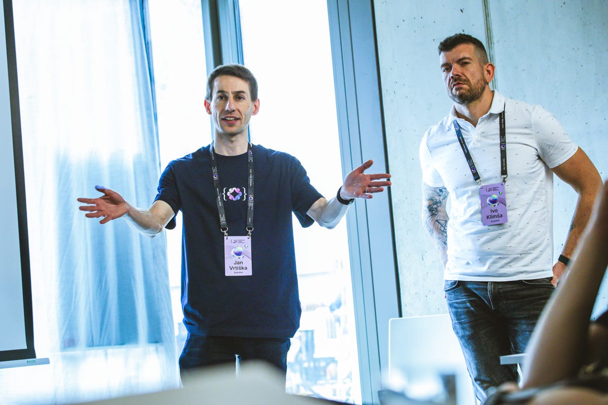 Photo of ELC ambassadors Jan Vrtiška and Ivo Klimša facilitating a live workshop at ELC 2025 called 'Wait for a 5% raise or multiply your value?'