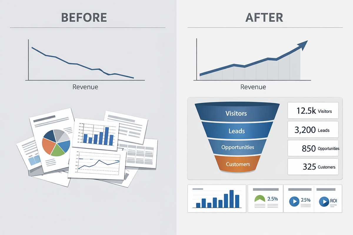 Before and after comparison showing improved funnel revenue after implementing centralized analytics.