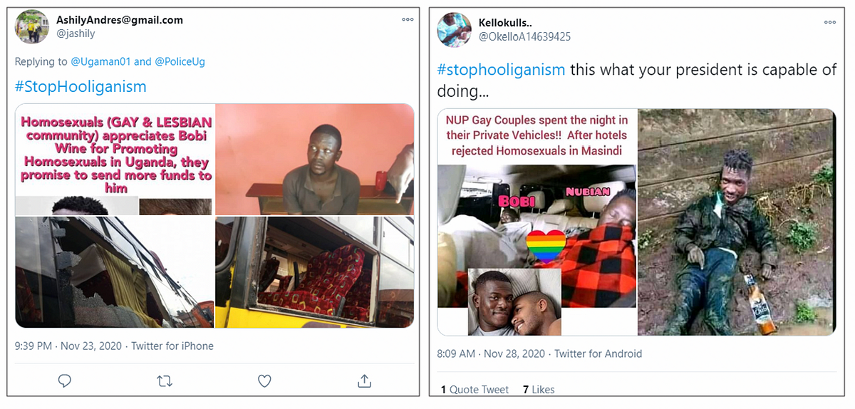 Two accounts promoted the #StopHooliganism hashtag by amplifying the narrative that Bobi Wine promoted homosexuality in Uganda. (Source: @jashily/archive, left; @OkelloA14639425/archive, right)